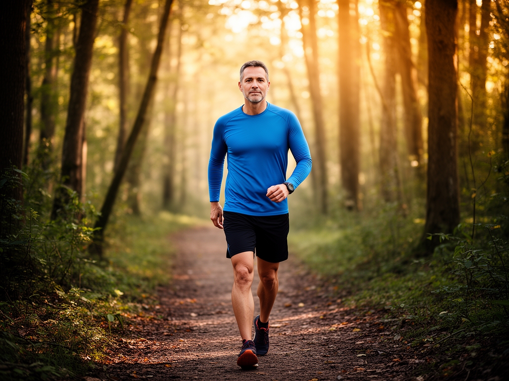 Hombre adulto de mediana edad caminando por un sendero arbolado en la mañana, luz natural cálida entre los árboles, ambiente de bienestar activo y tranquilidad