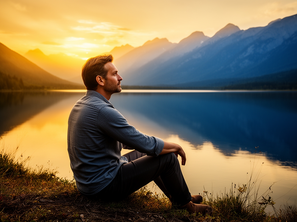 Hombre adulto en un entorno natural sereno contemplando un lago montañoso al atardecer, postura relajada y reflexiva, colores cálidos dorados y azules profundos